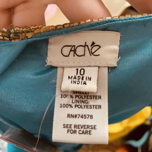 Cache NWT Aqua With Gold Beaded Sequin Chiffon Cocktail Dress Size 10 - Picture 13 of 15